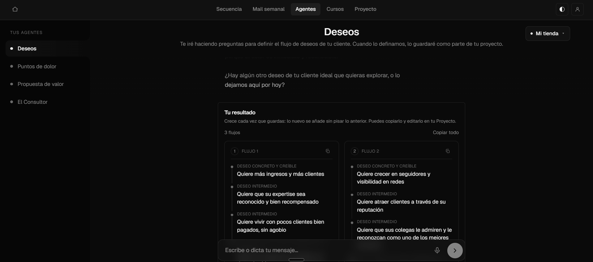 El agente Deseos guardando los flujos de deseos del cliente en el proyecto